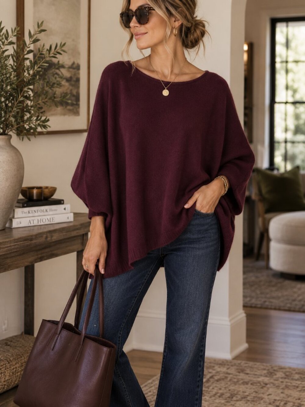 Chico’s Black Label Burgundy 100% Cashmere Dolman Sweater L/XL Oversized
